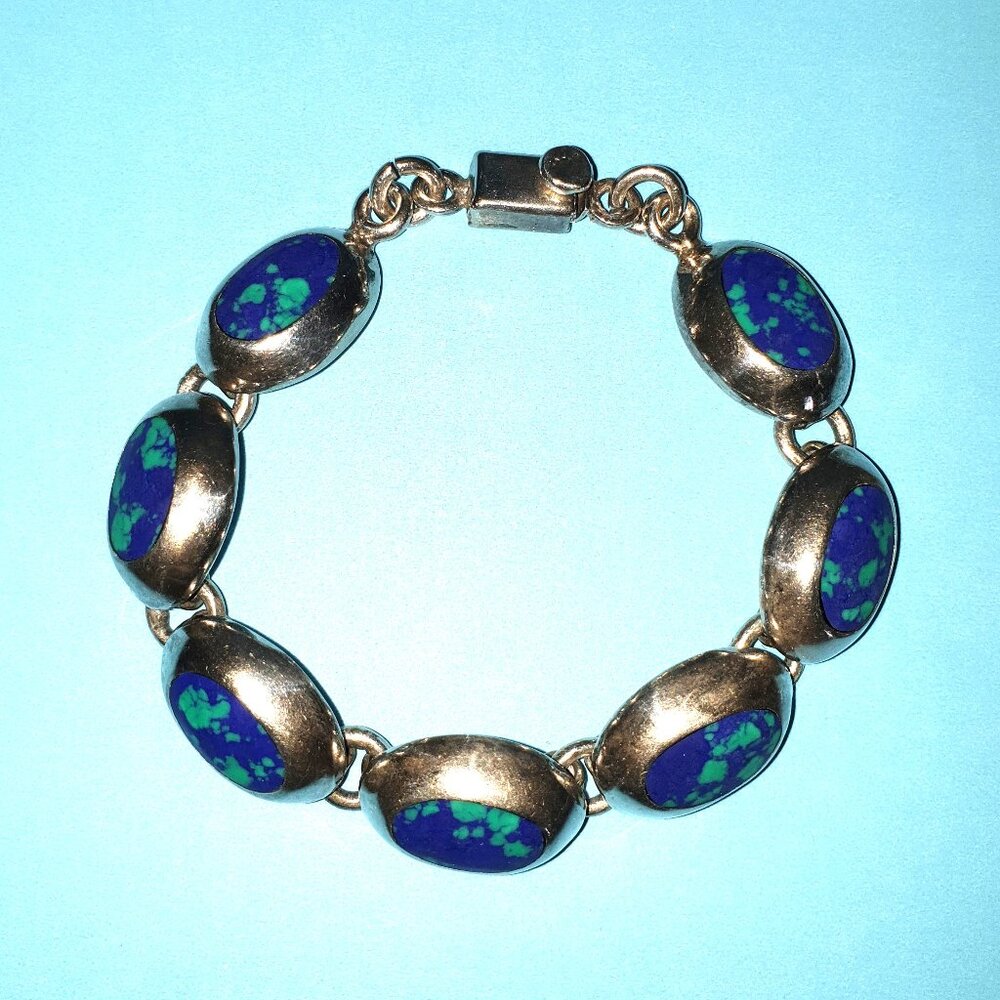Chunky Vintage TAXCO TJ-57 Sterling Silver Azurite-Malachite Statement Bracelet